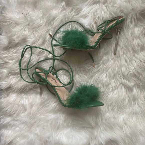 Green Feathered Heel Sandals - Picture 1 of 5